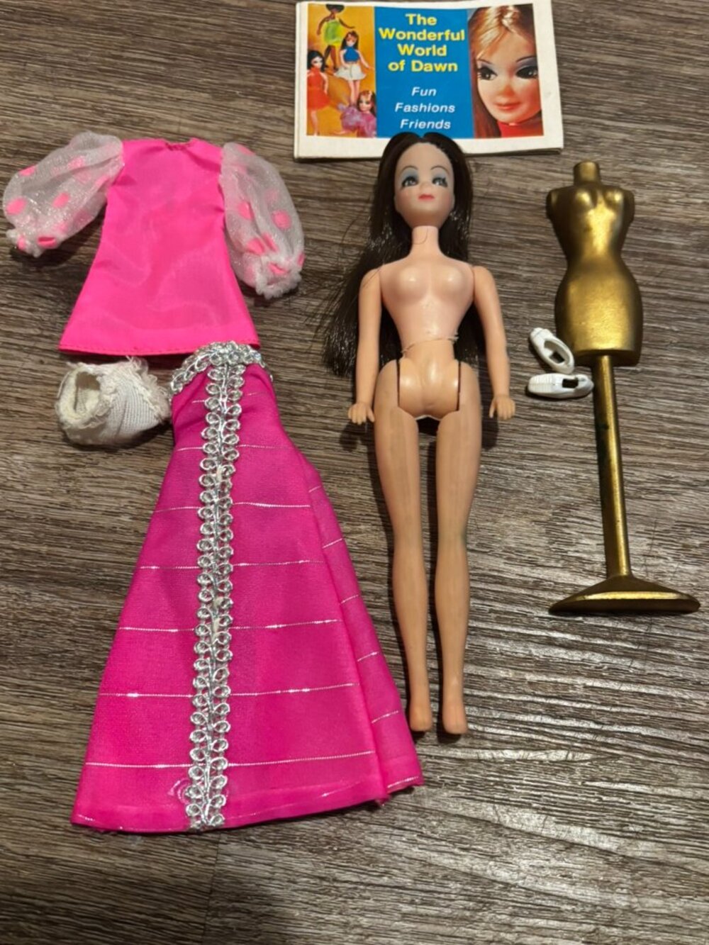 Topper Dawn Angie Doll wearing original pink mini includes Shocker Frocker